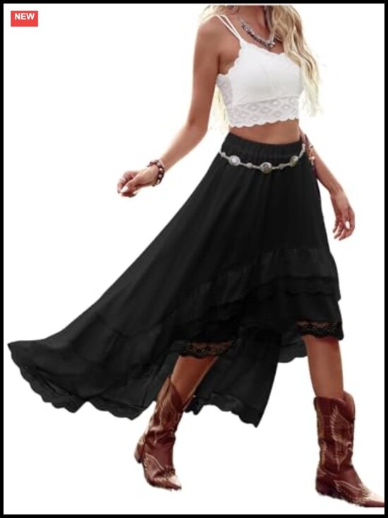 Dresses & Skirts - Women's Boho Asymmetrical Ruffle Lace Maxi Skirt High Low Cowgirl